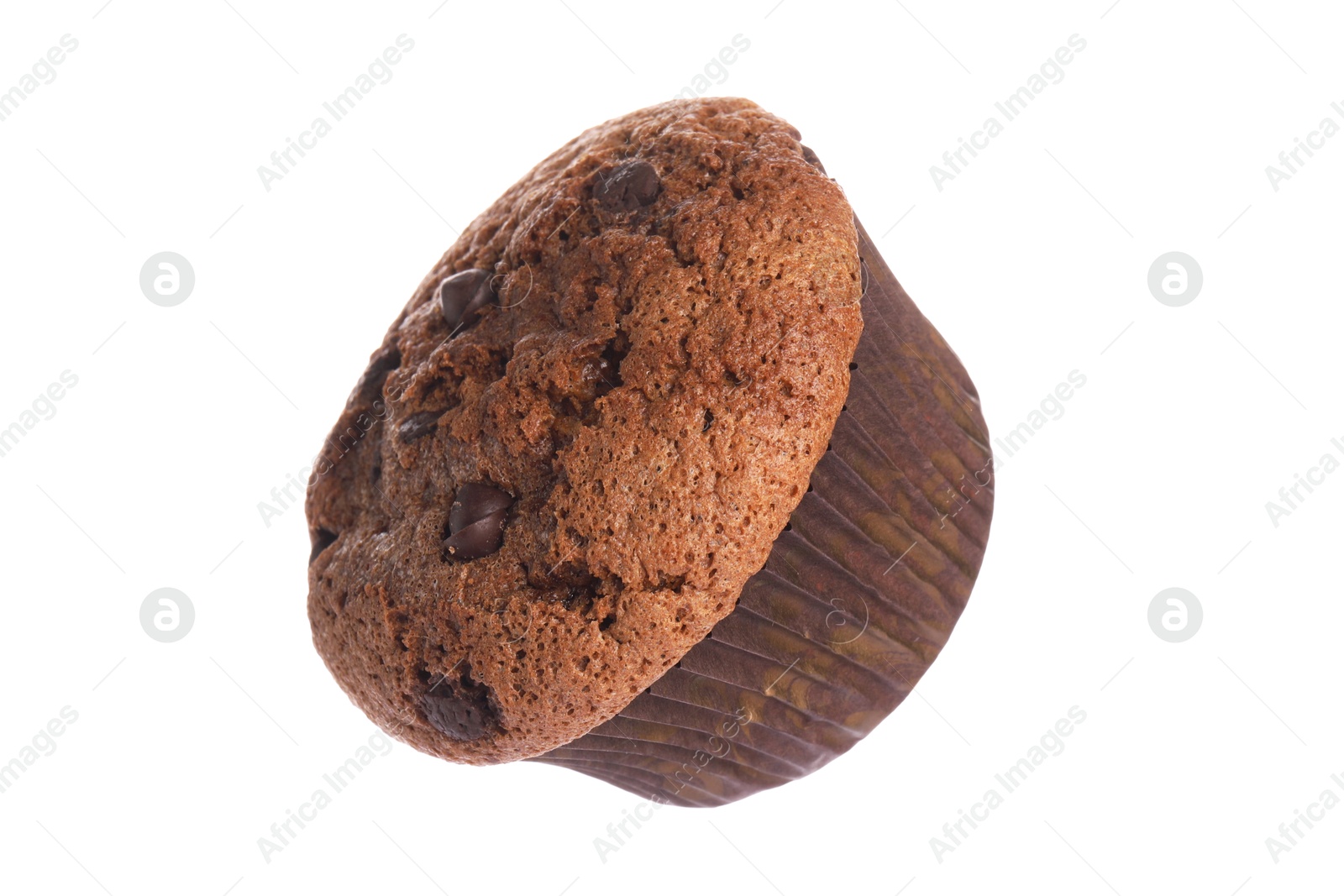 Photo of Delicious sweet muffin with chocolate chips isolated on white