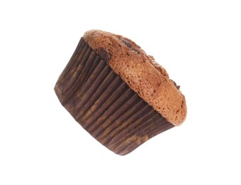 Photo of Delicious sweet chocolate muffin isolated on white