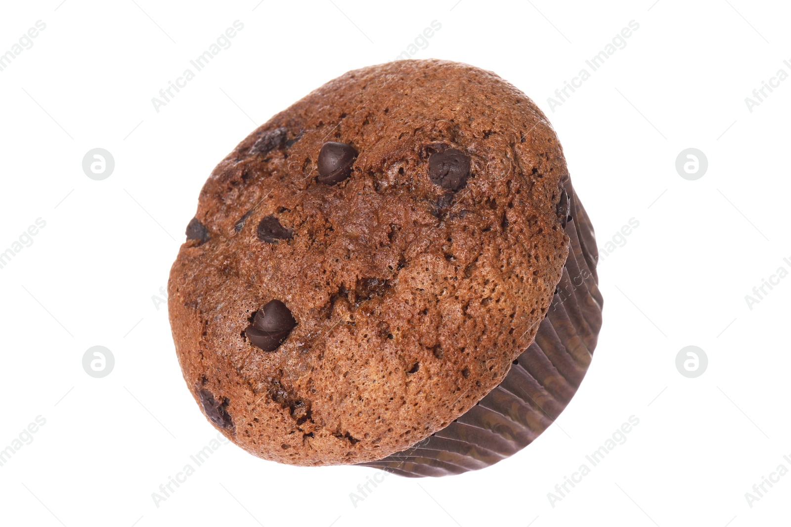 Photo of Delicious sweet muffin with chocolate chips isolated on white