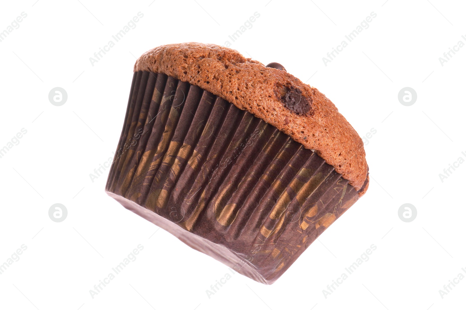 Photo of Delicious sweet chocolate muffin isolated on white