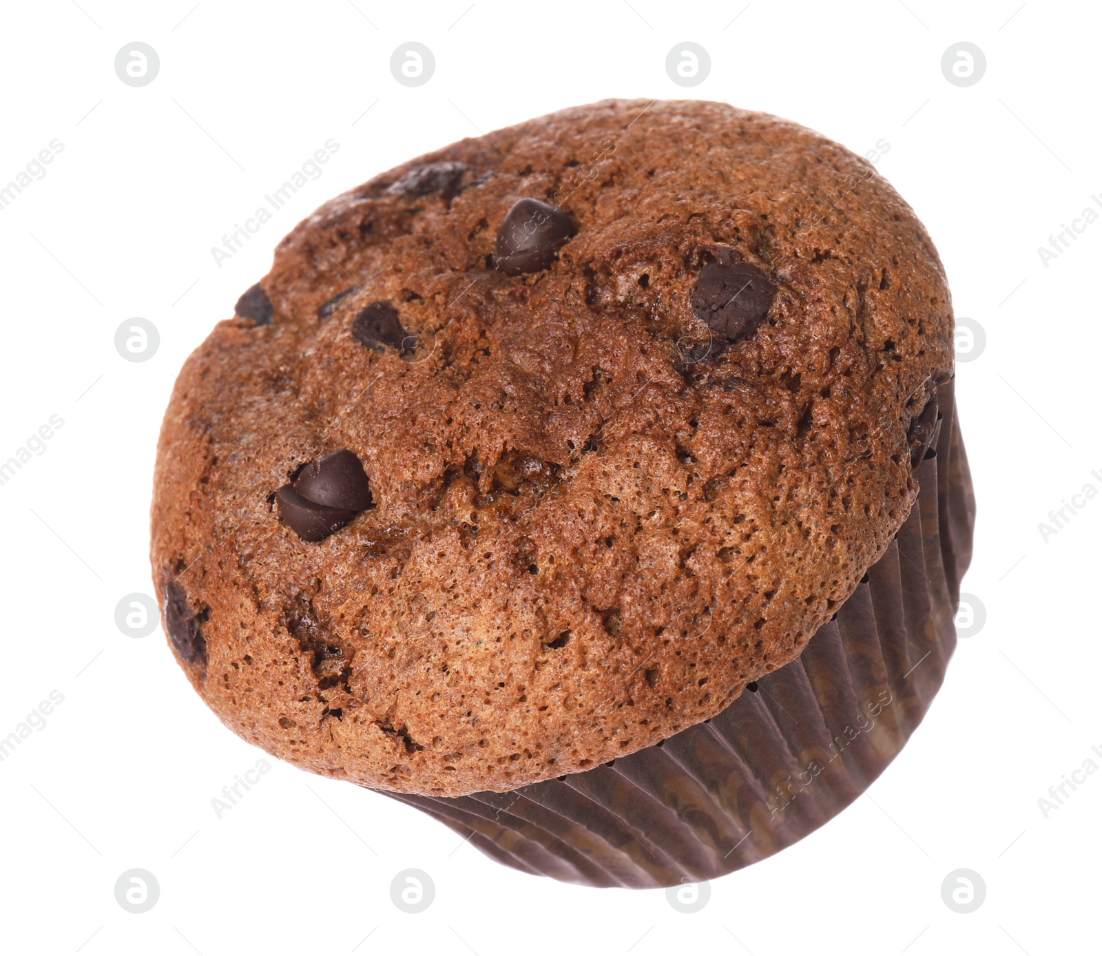 Photo of Delicious sweet muffin with chocolate chips isolated on white