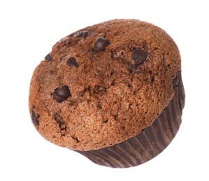 Photo of Delicious sweet muffin with chocolate chips isolated on white