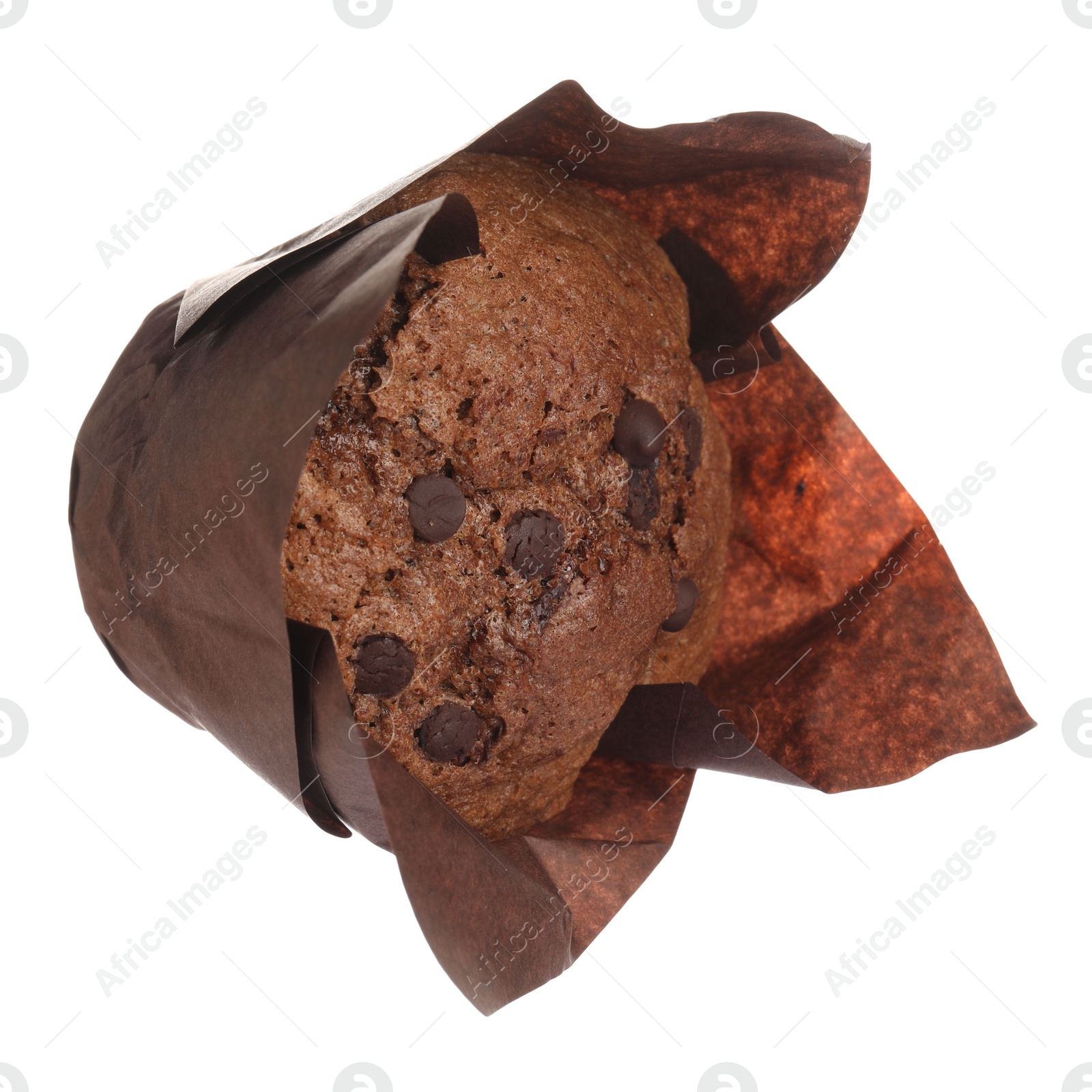 Photo of Delicious sweet muffin with chocolate chips isolated on white