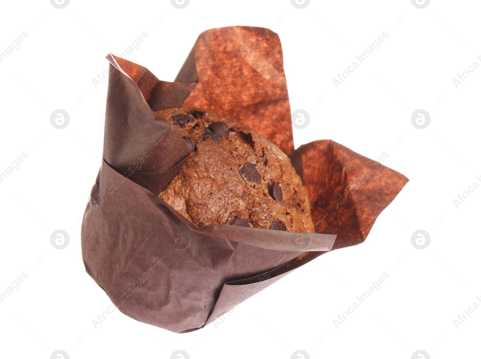 Photo of Delicious sweet muffin with chocolate chips isolated on white