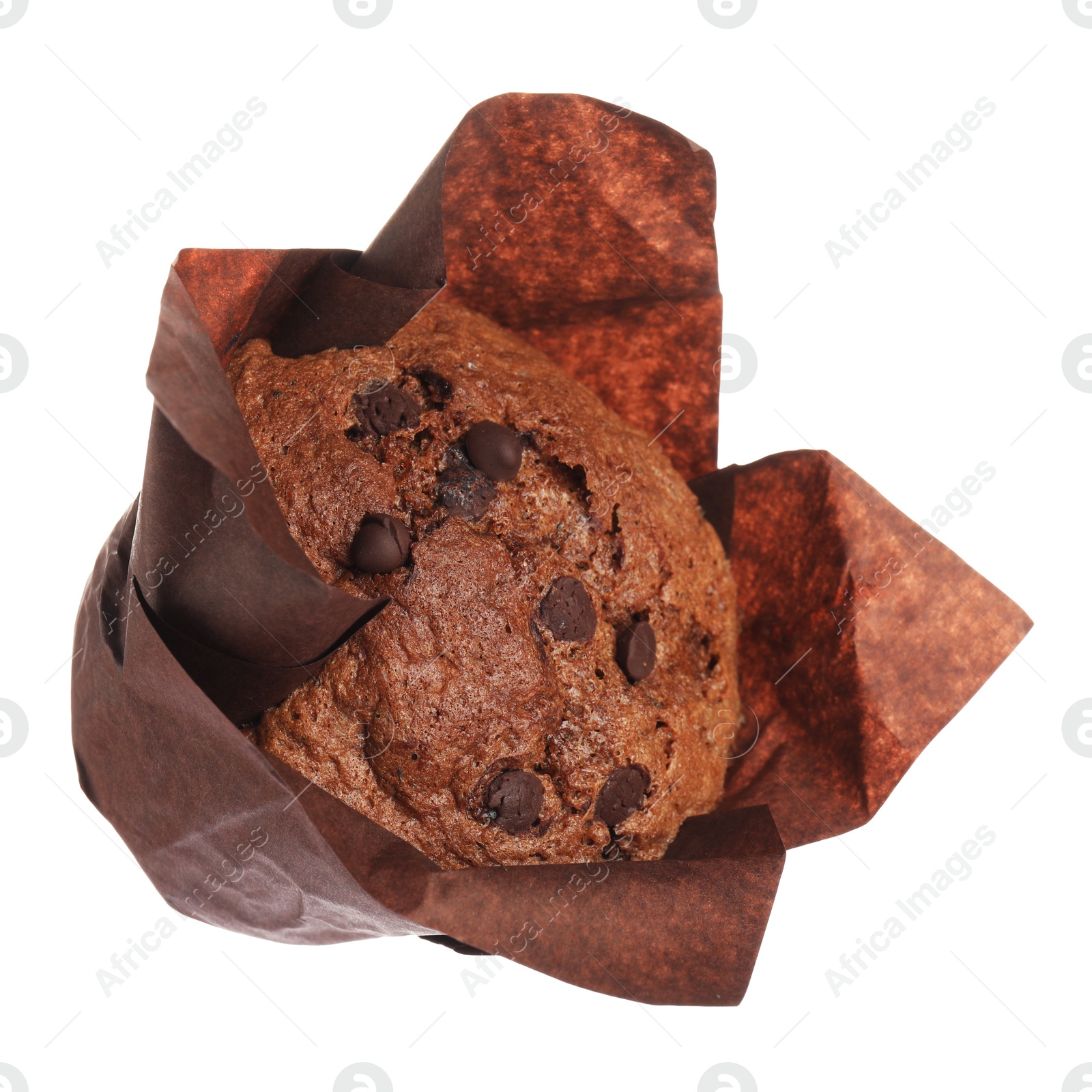 Photo of Delicious sweet muffin with chocolate chips isolated on white