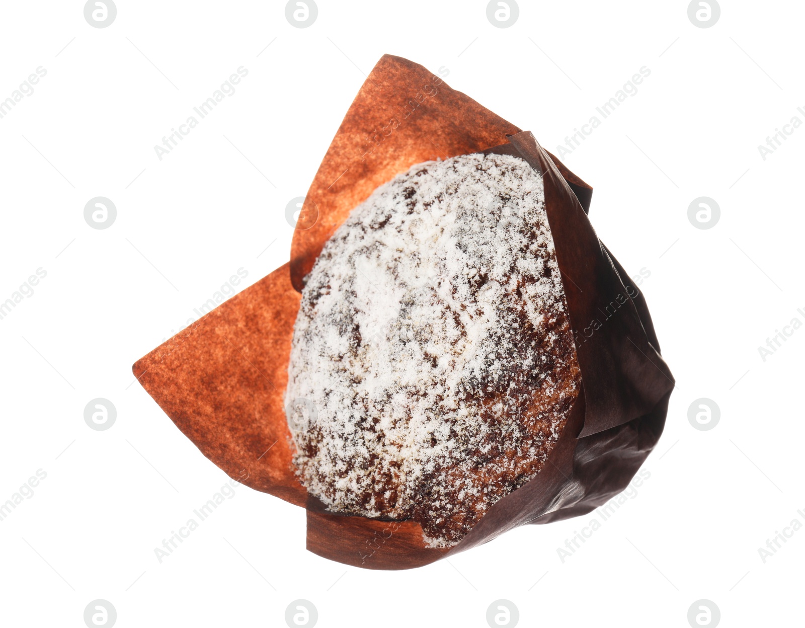 Photo of Delicious sweet muffin with powdered sugar isolated on white