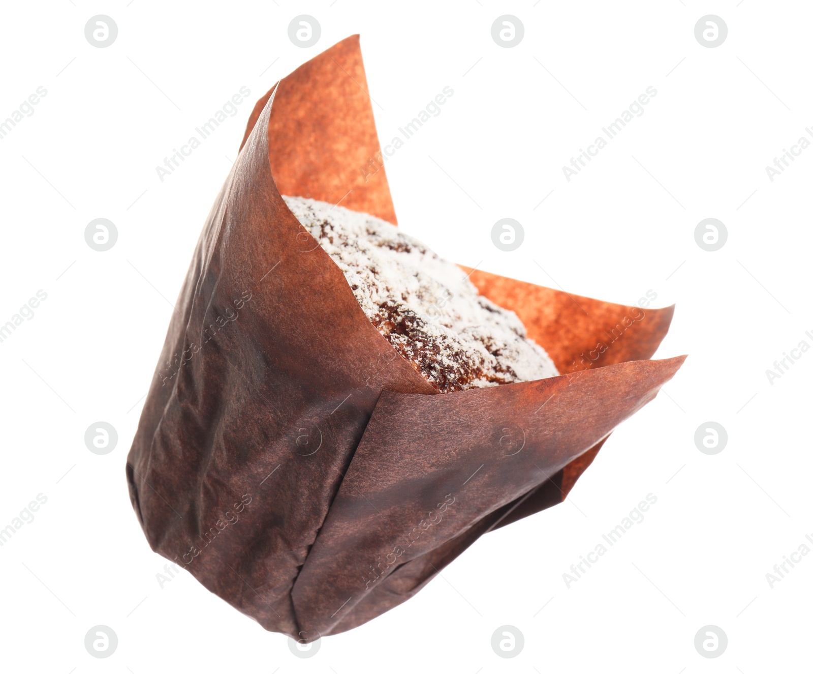 Photo of Delicious sweet muffin with powdered sugar isolated on white