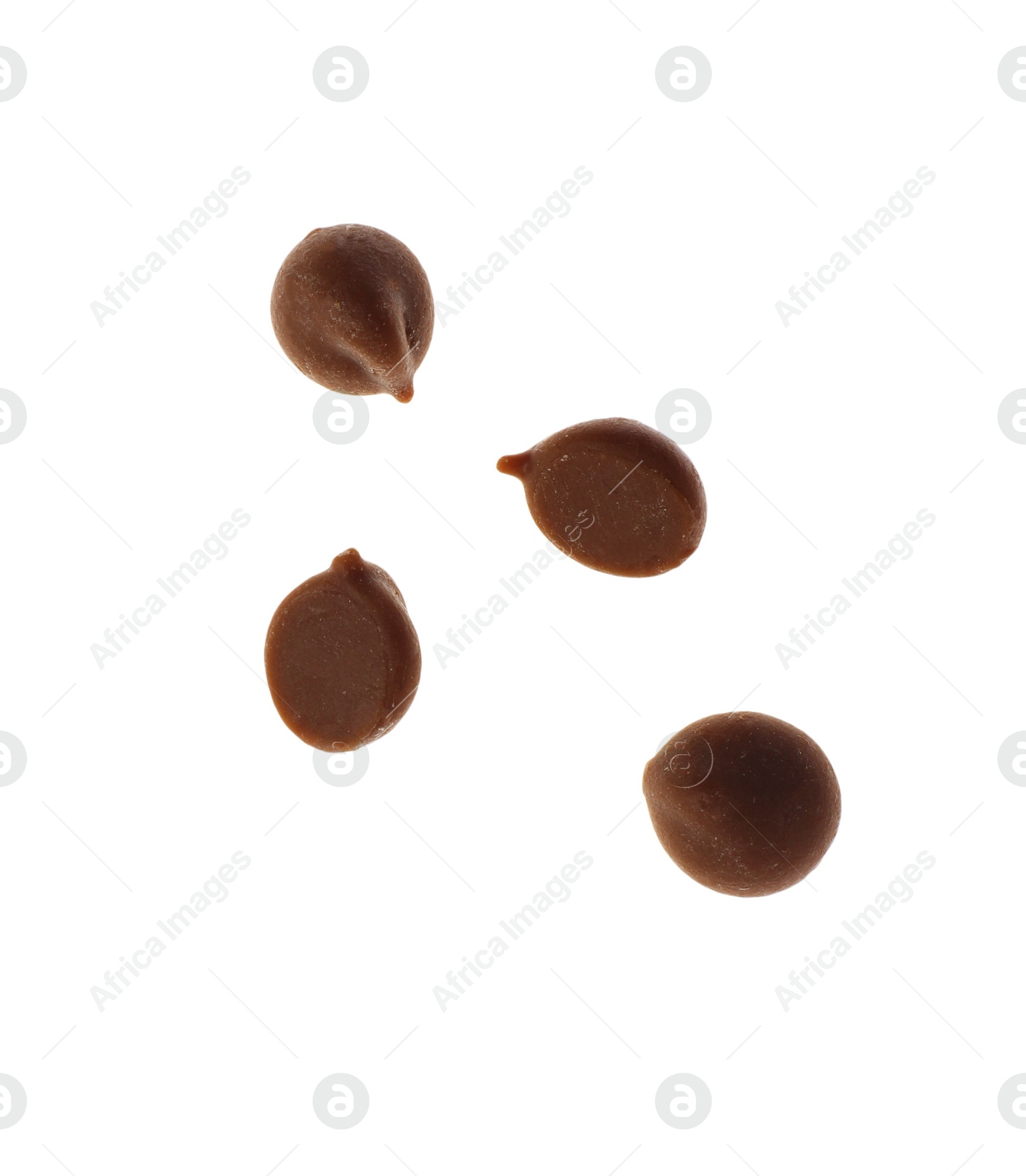 Photo of Many sweet chocolate chips isolated on white