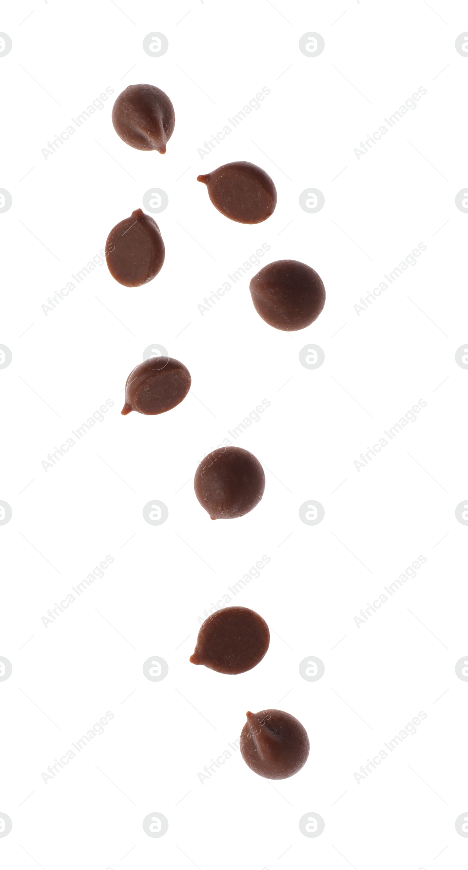 Photo of Many sweet chocolate chips isolated on white