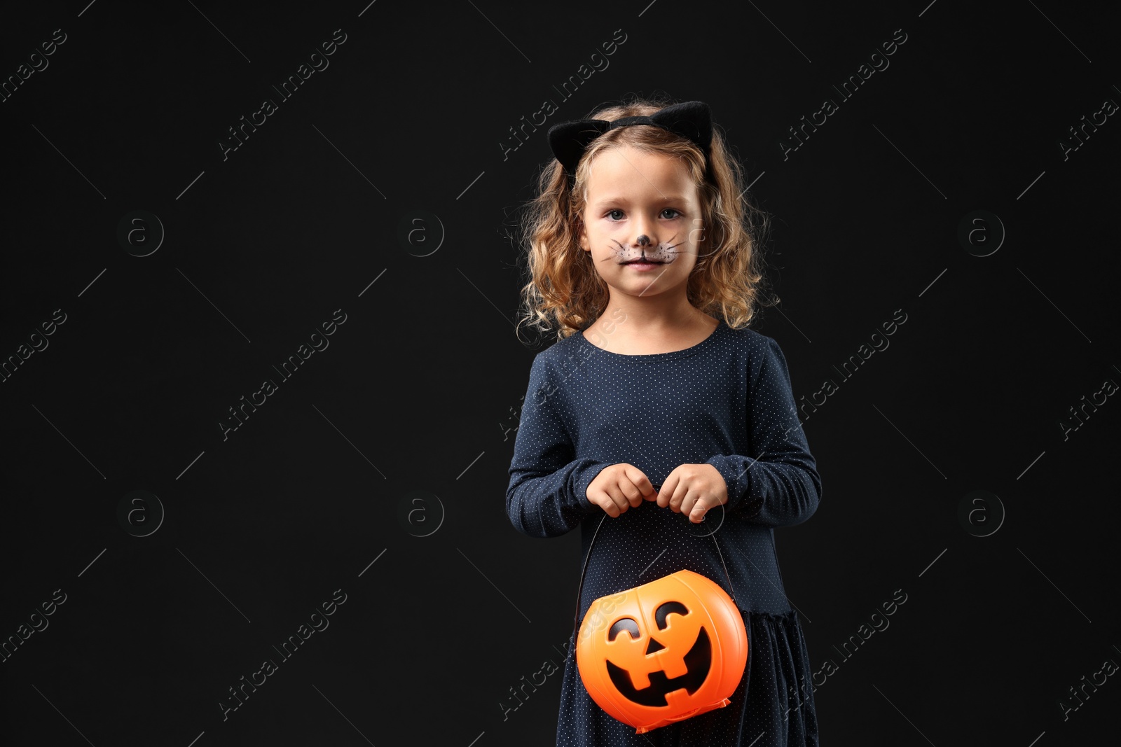 Photo of Cute girl with pumpkin bucket dressed like cat on black background, space for text. Halloween costume