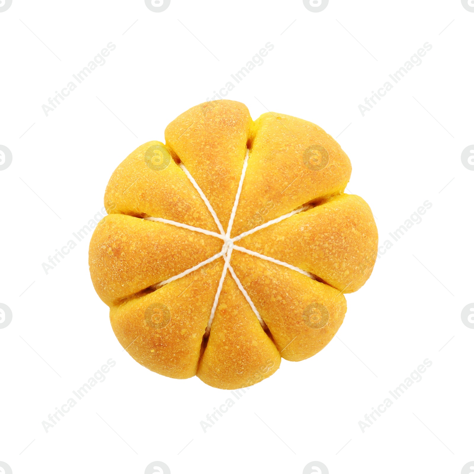 Photo of One tasty pumpkin shaped bun isolated on white, top view