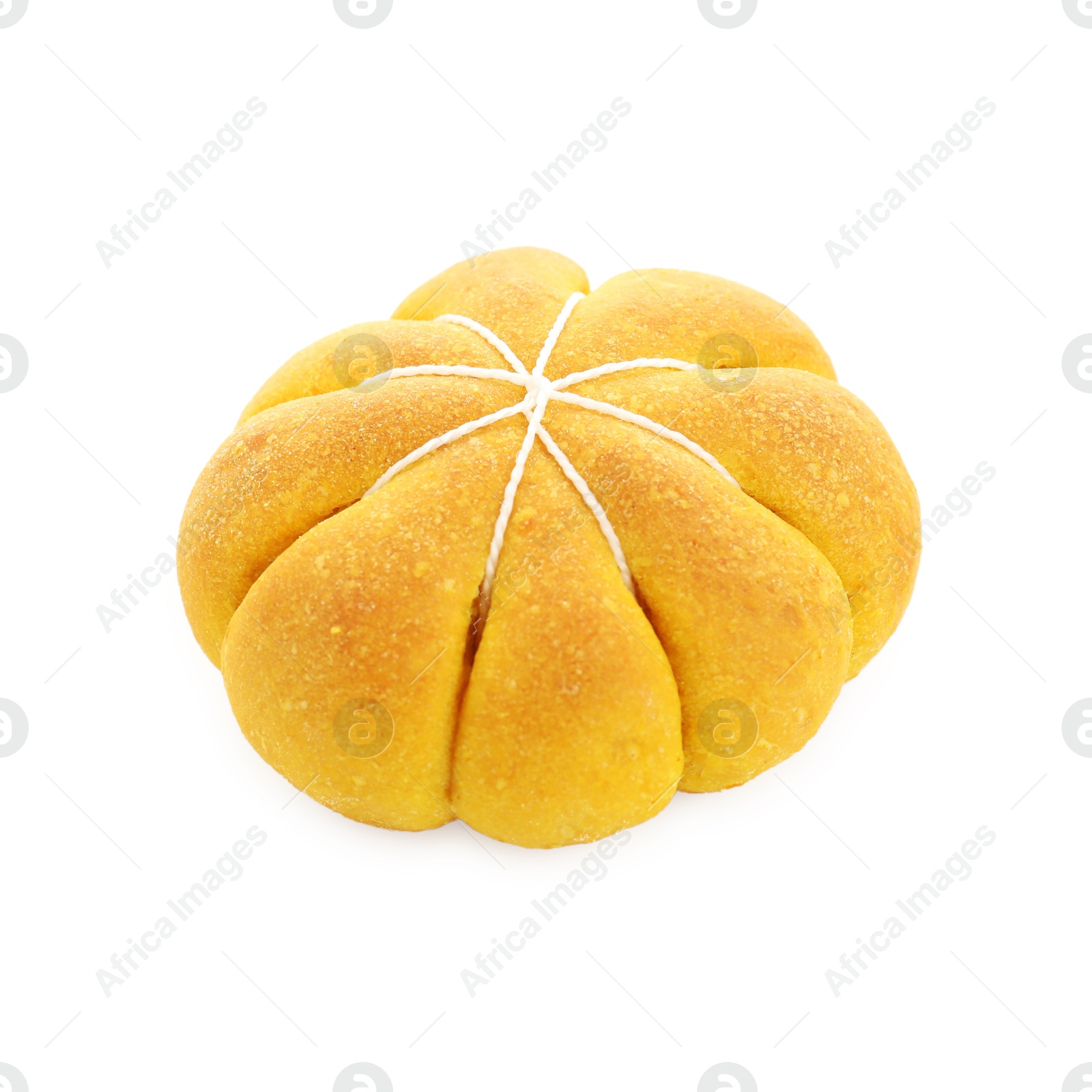 Photo of One tasty pumpkin shaped bun isolated on white