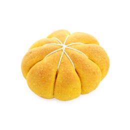 Photo of One tasty pumpkin shaped bun isolated on white