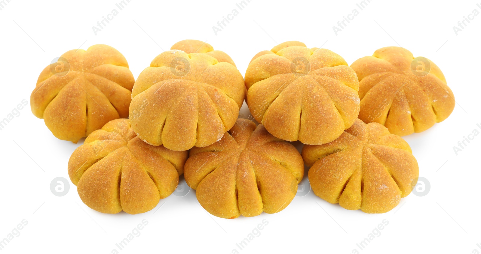 Photo of Tasty pumpkin shaped buns isolated on white