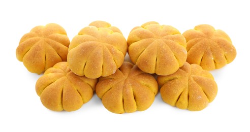 Photo of Tasty pumpkin shaped buns isolated on white