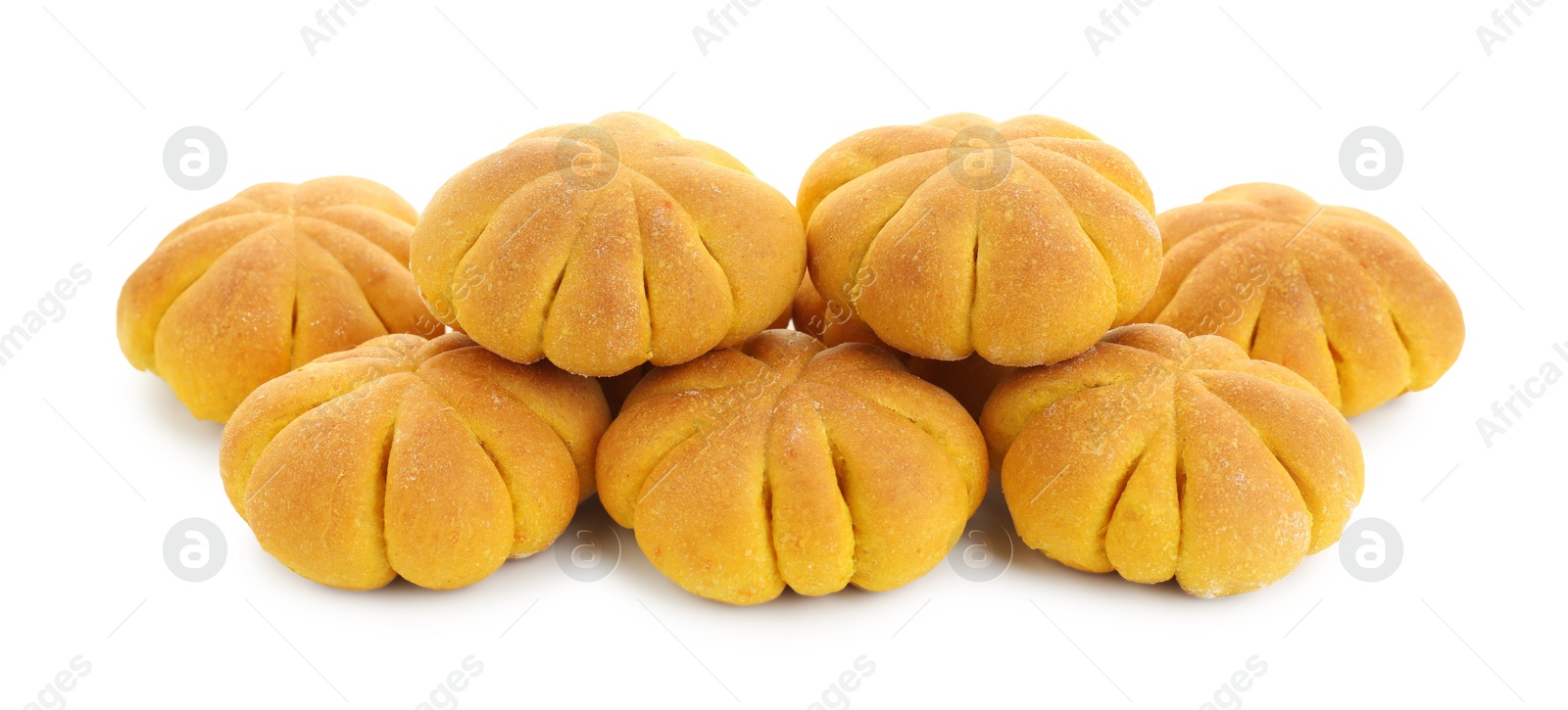 Photo of Tasty pumpkin shaped buns isolated on white