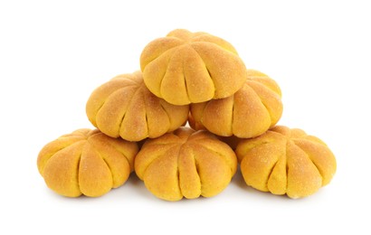 Photo of Tasty pumpkin shaped buns isolated on white