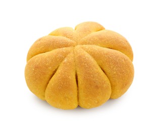 Photo of One tasty pumpkin shaped bun isolated on white