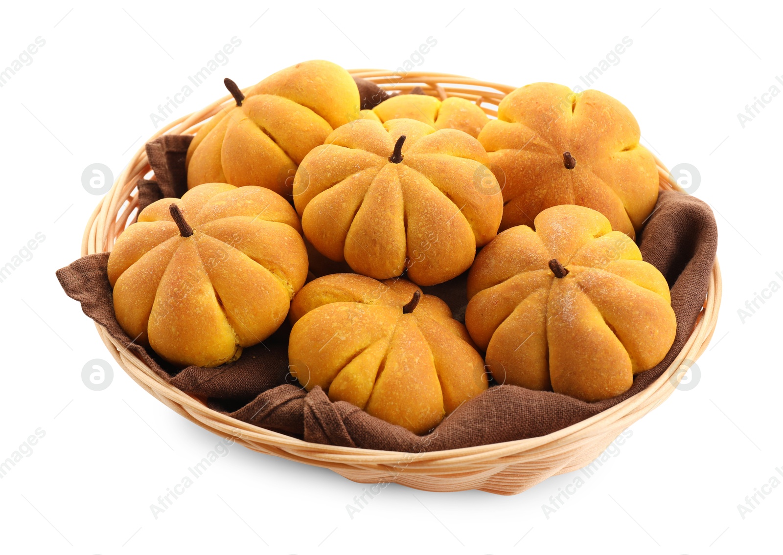 Photo of Wicker basket with tasty pumpkin shaped buns isolated on white