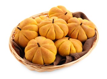 Photo of Wicker basket with tasty pumpkin shaped buns isolated on white