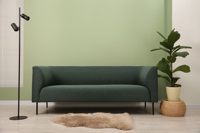 Stylish sofa, houseplant and lamp near green wall indoors