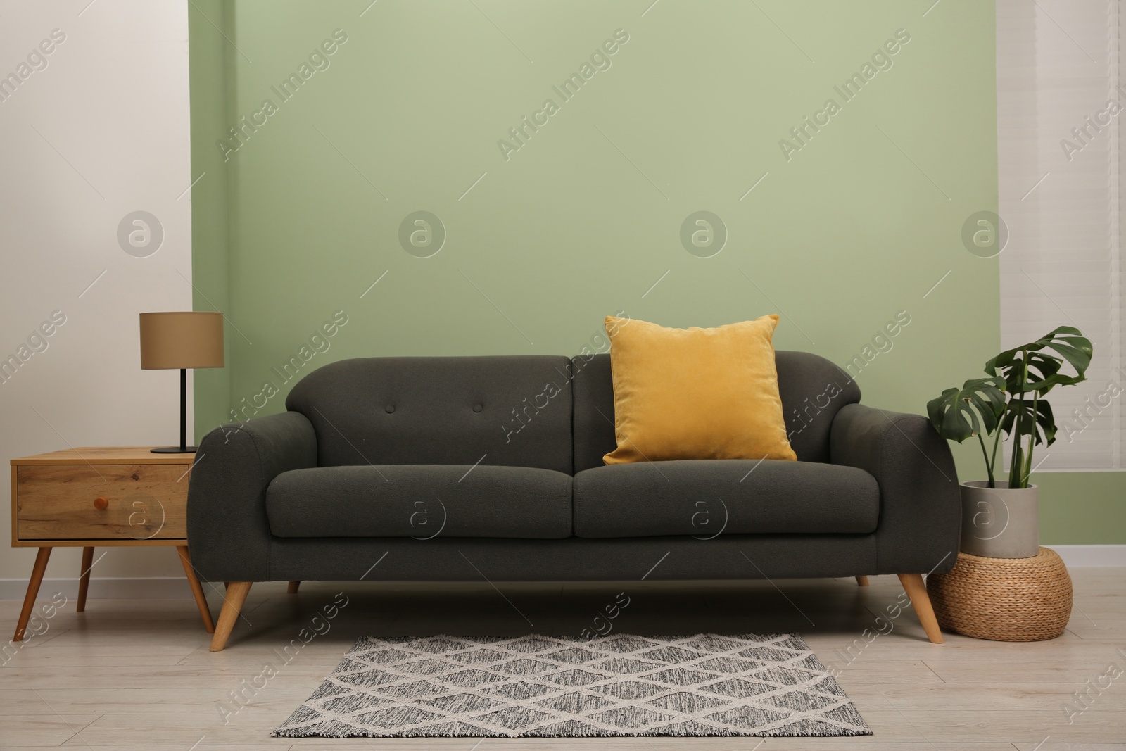 Photo of Stylish sofa with pillow, side table and houseplant near green wall indoors