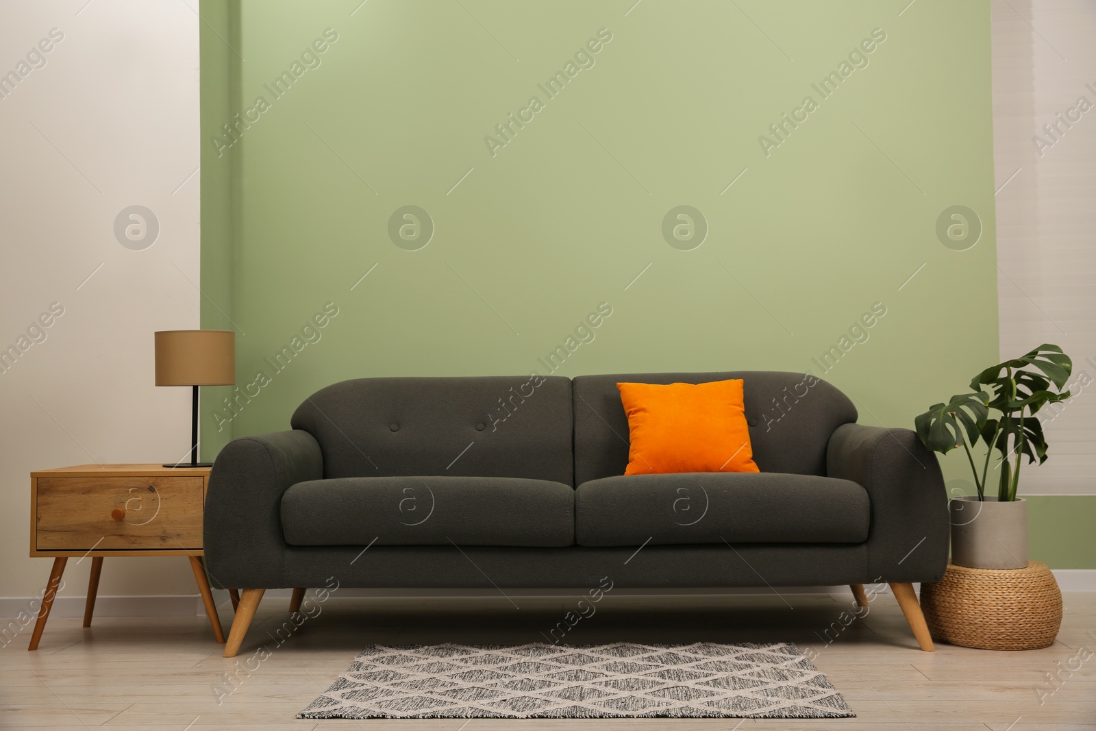 Photo of Stylish sofa with pillow, side table and houseplant near green wall indoors