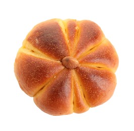 Photo of One tasty pumpkin shaped bun isolated on white, top view