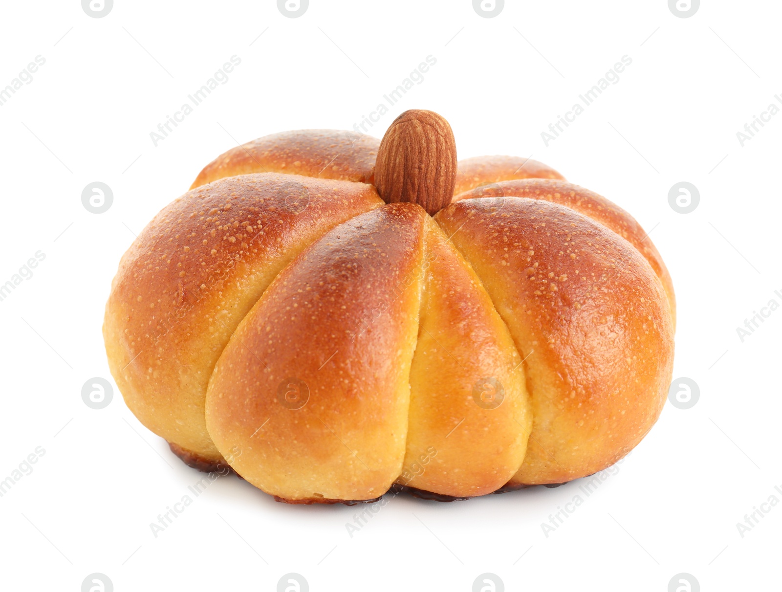 Photo of One tasty pumpkin shaped bun isolated on white