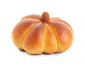 Photo of One tasty pumpkin shaped bun isolated on white