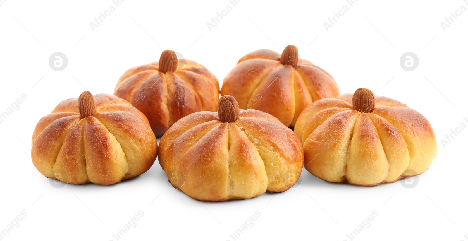 Photo of Tasty pumpkin shaped buns isolated on white