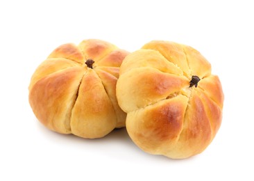 Photo of Tasty pumpkin shaped buns isolated on white