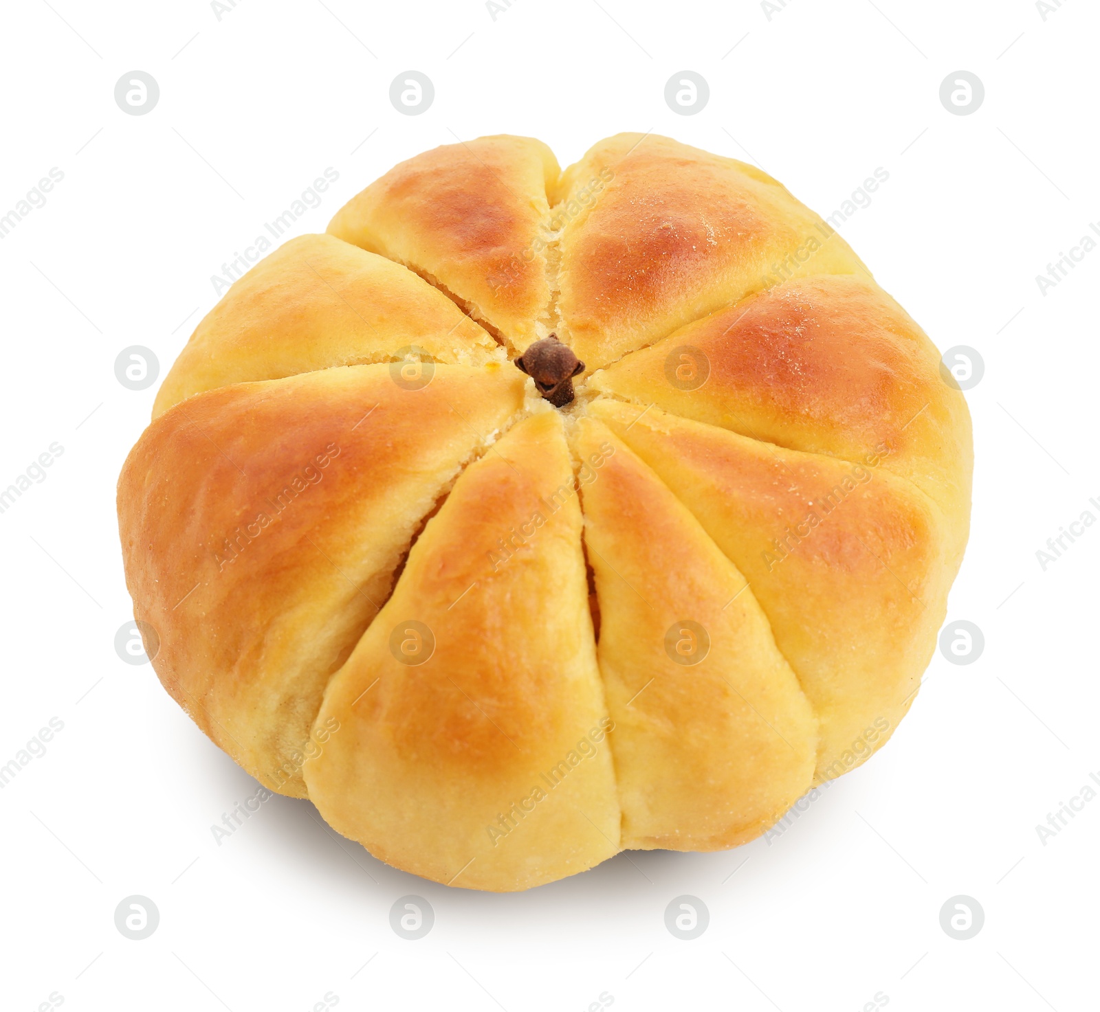 Photo of One tasty pumpkin shaped bun isolated on white