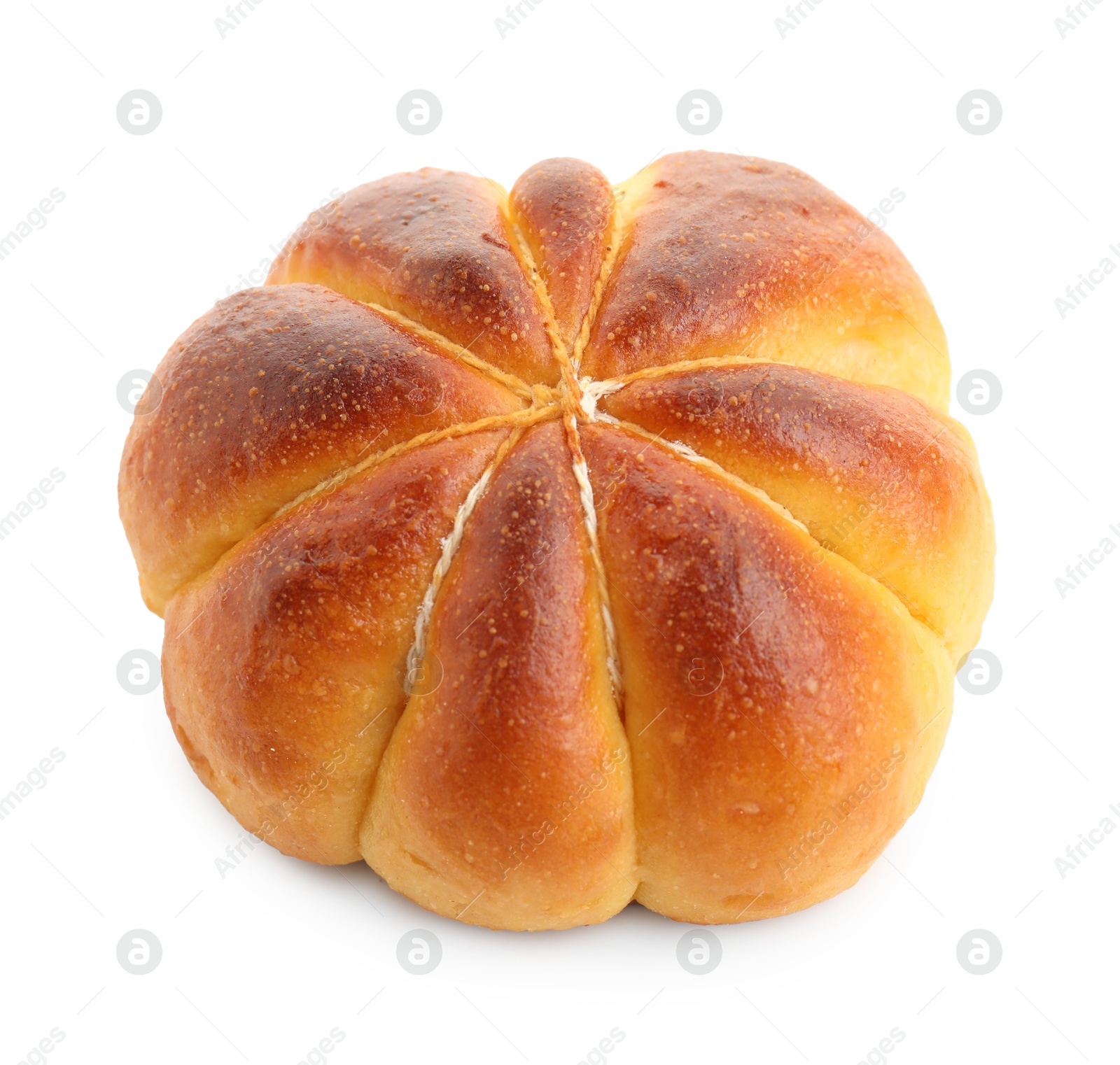 Photo of One tasty pumpkin shaped bun isolated on white