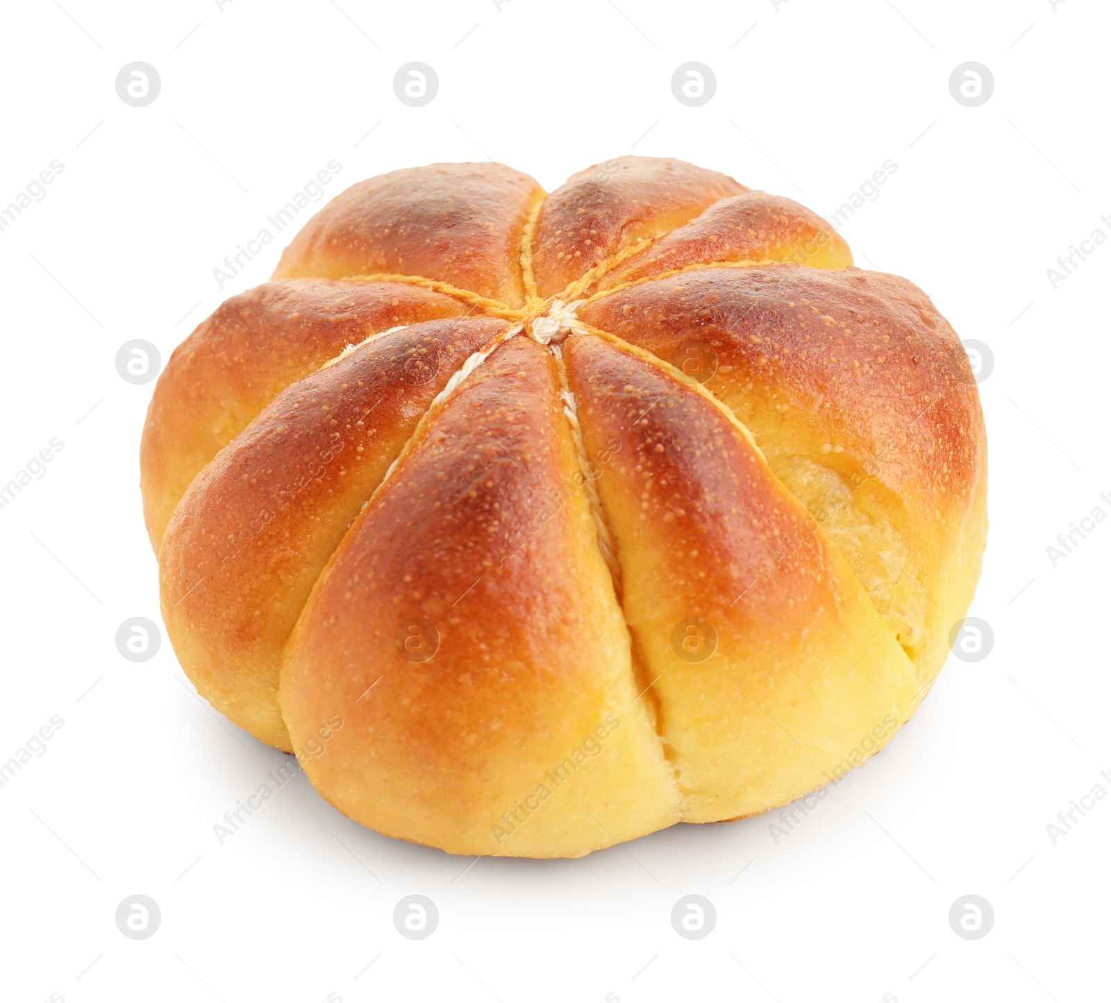 Photo of One tasty pumpkin shaped bun isolated on white