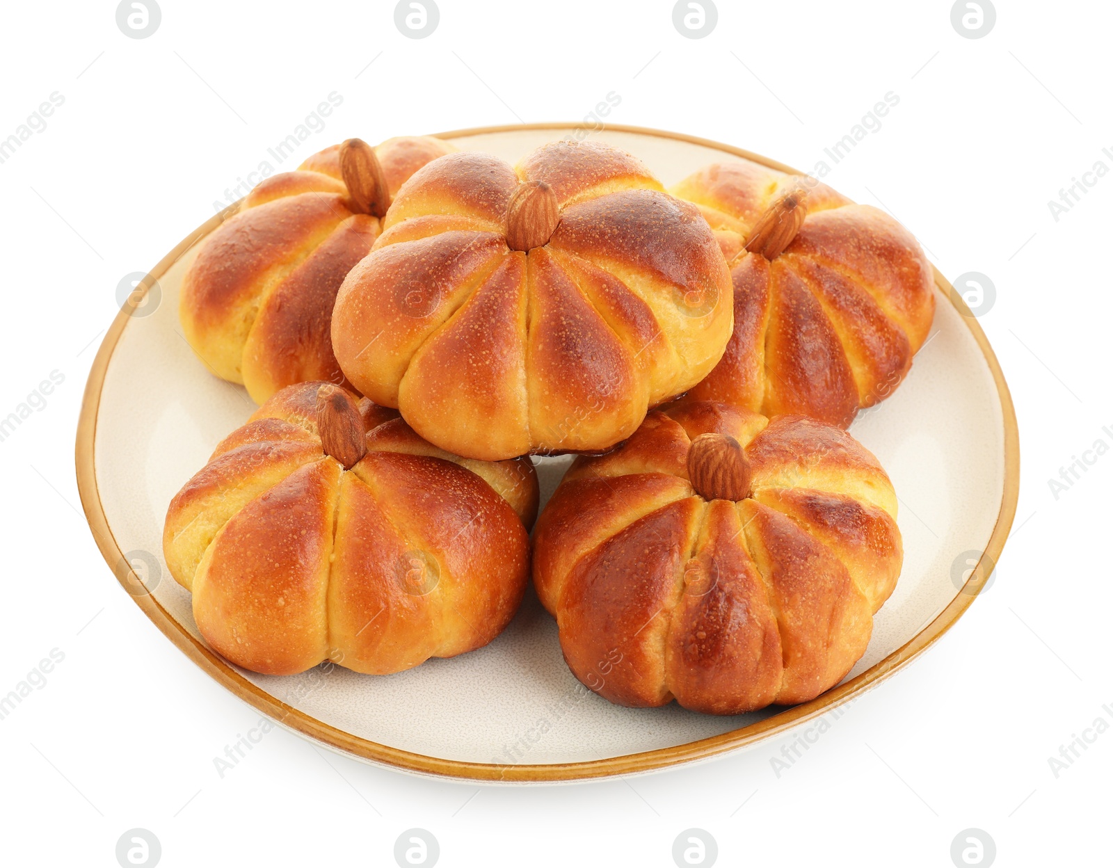 Photo of Tasty pumpkin shaped buns isolated on white