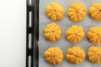 Photo of Baking tray with tasty pumpkin shaped buns on white background, top view