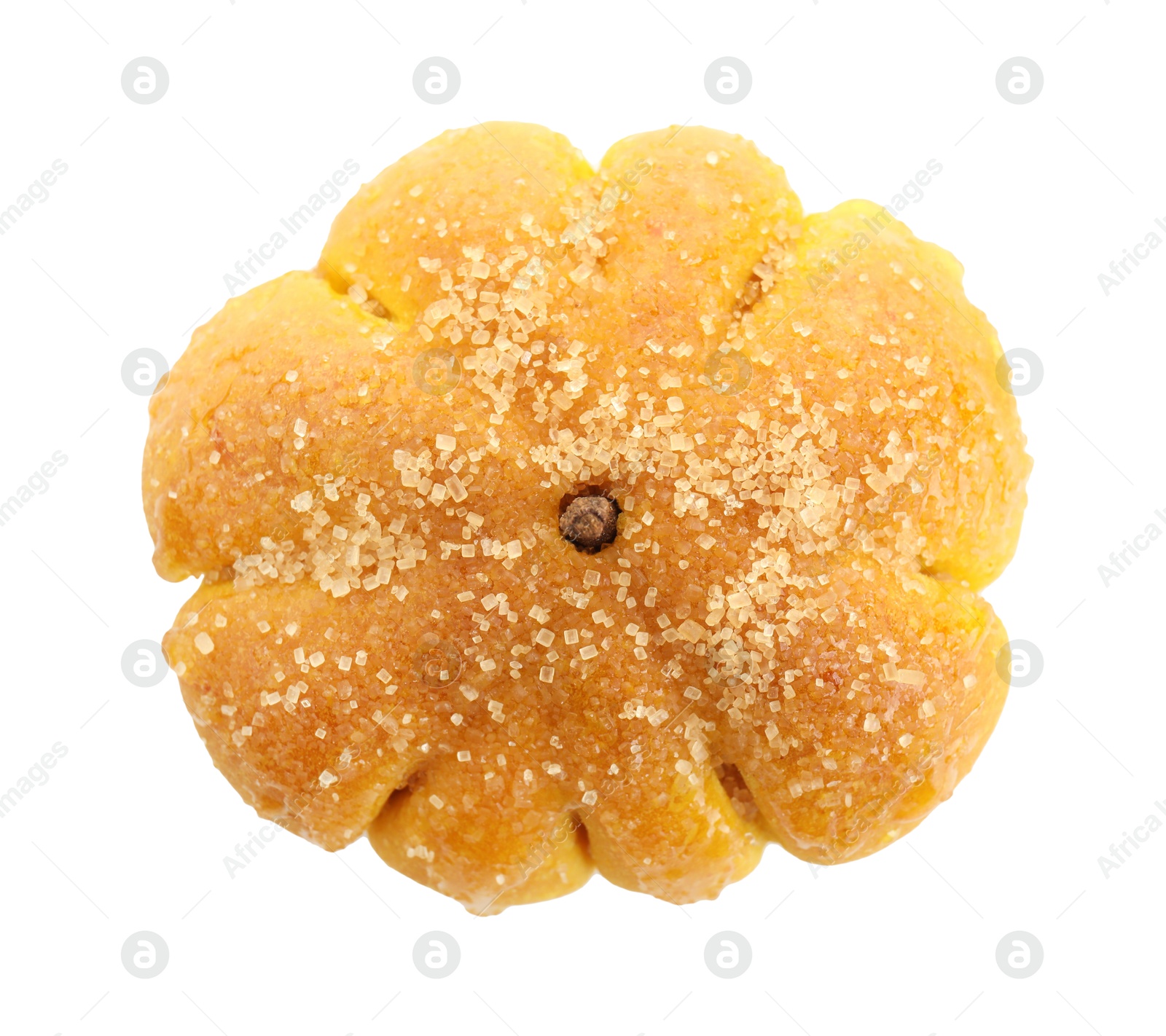 Photo of One tasty pumpkin shaped bun isolated on white, top view