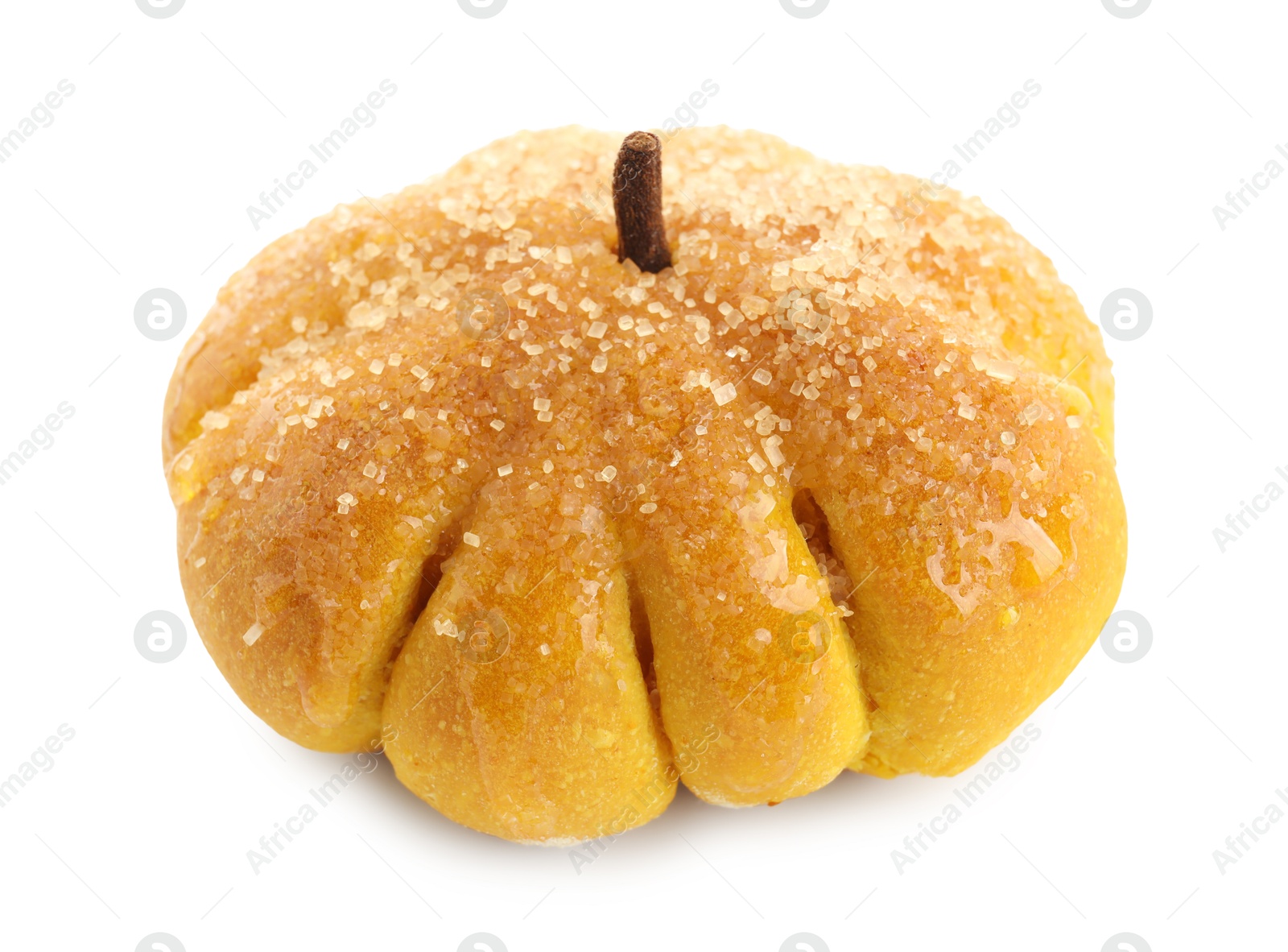 Photo of One tasty pumpkin shaped bun isolated on white