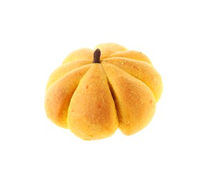 Photo of One tasty pumpkin shaped bun isolated on white