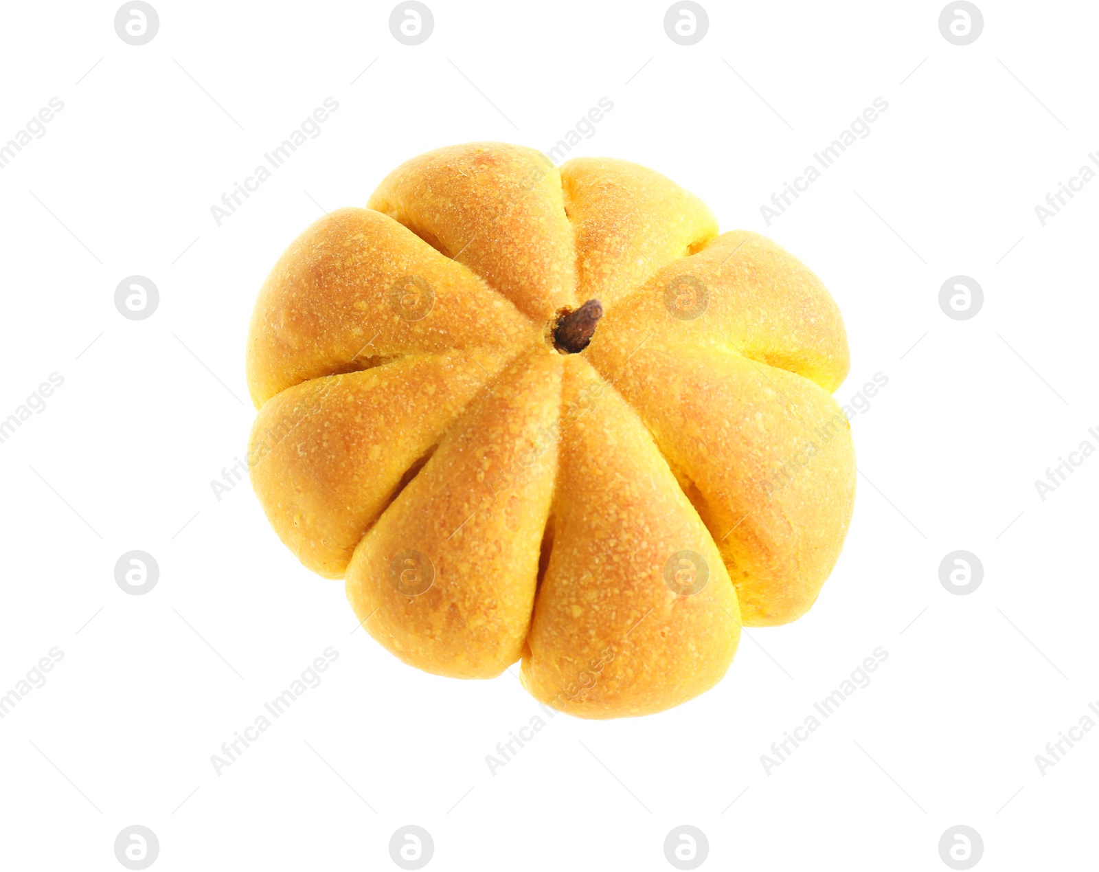 Photo of One tasty pumpkin shaped bun isolated on white