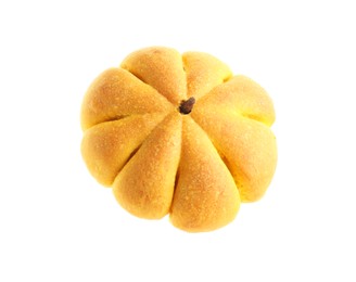 Photo of One tasty pumpkin shaped bun isolated on white