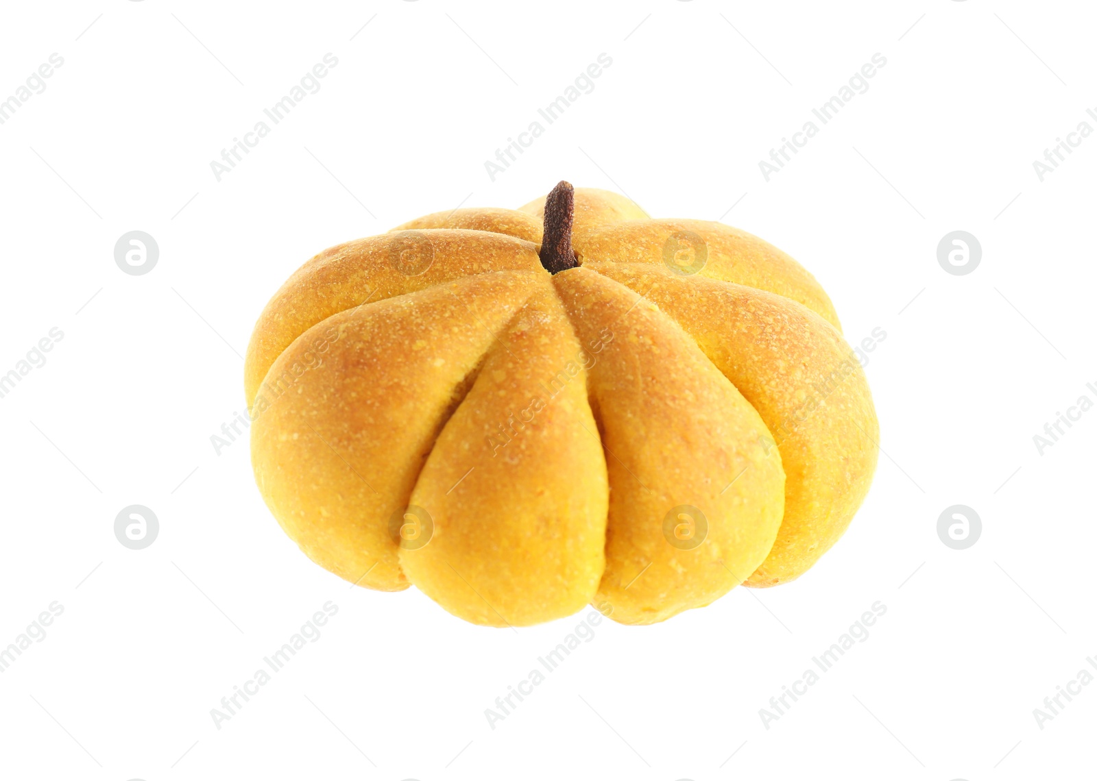 Photo of One tasty pumpkin shaped bun isolated on white