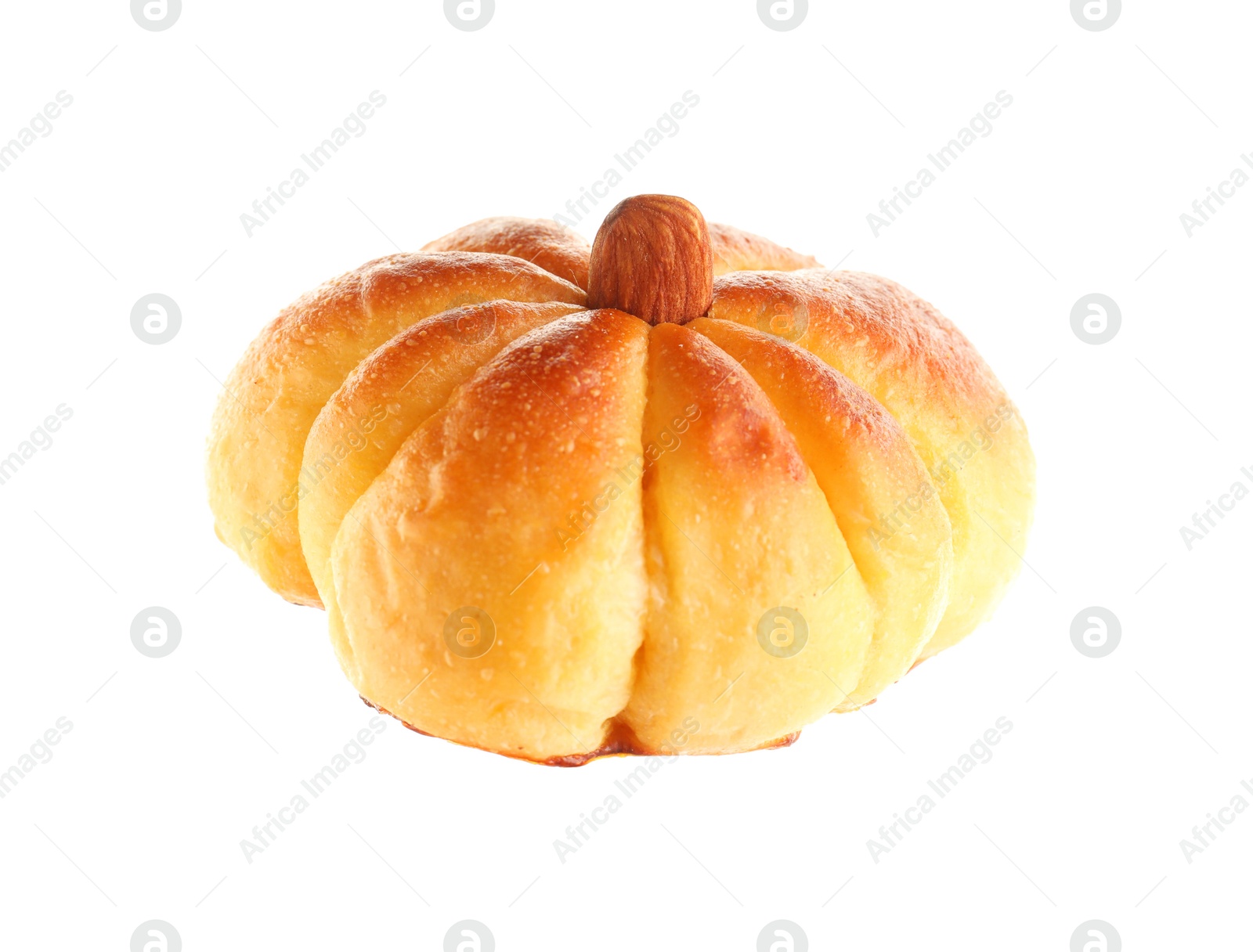 Photo of One tasty pumpkin shaped bun isolated on white