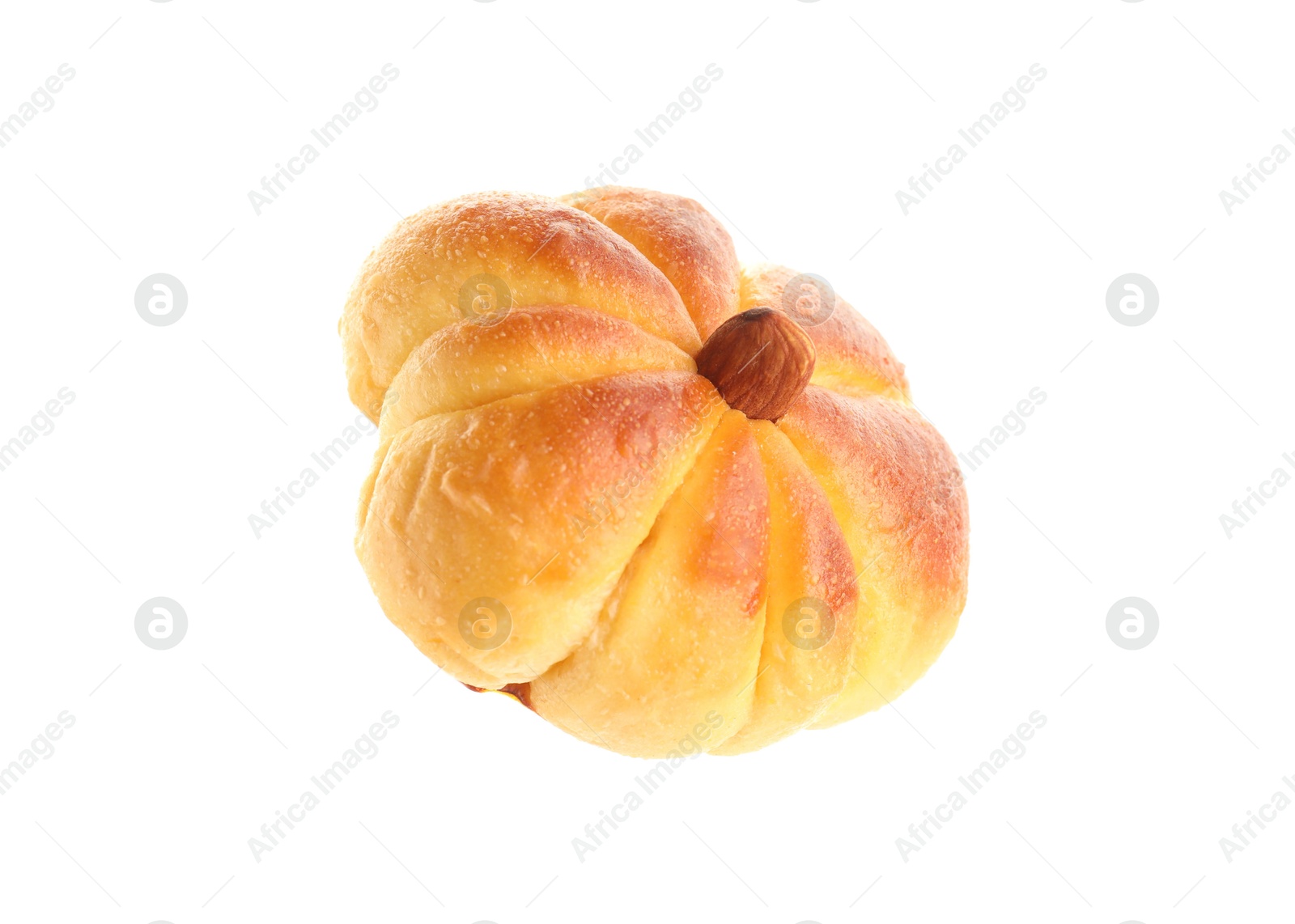 Photo of One tasty pumpkin shaped bun isolated on white