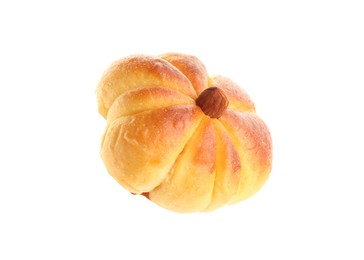 Photo of One tasty pumpkin shaped bun isolated on white