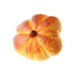 Photo of One tasty pumpkin shaped bun isolated on white