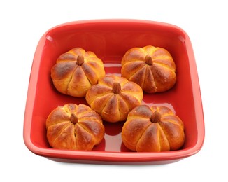 Photo of Baking tray with tasty pumpkin shaped buns isolated on white