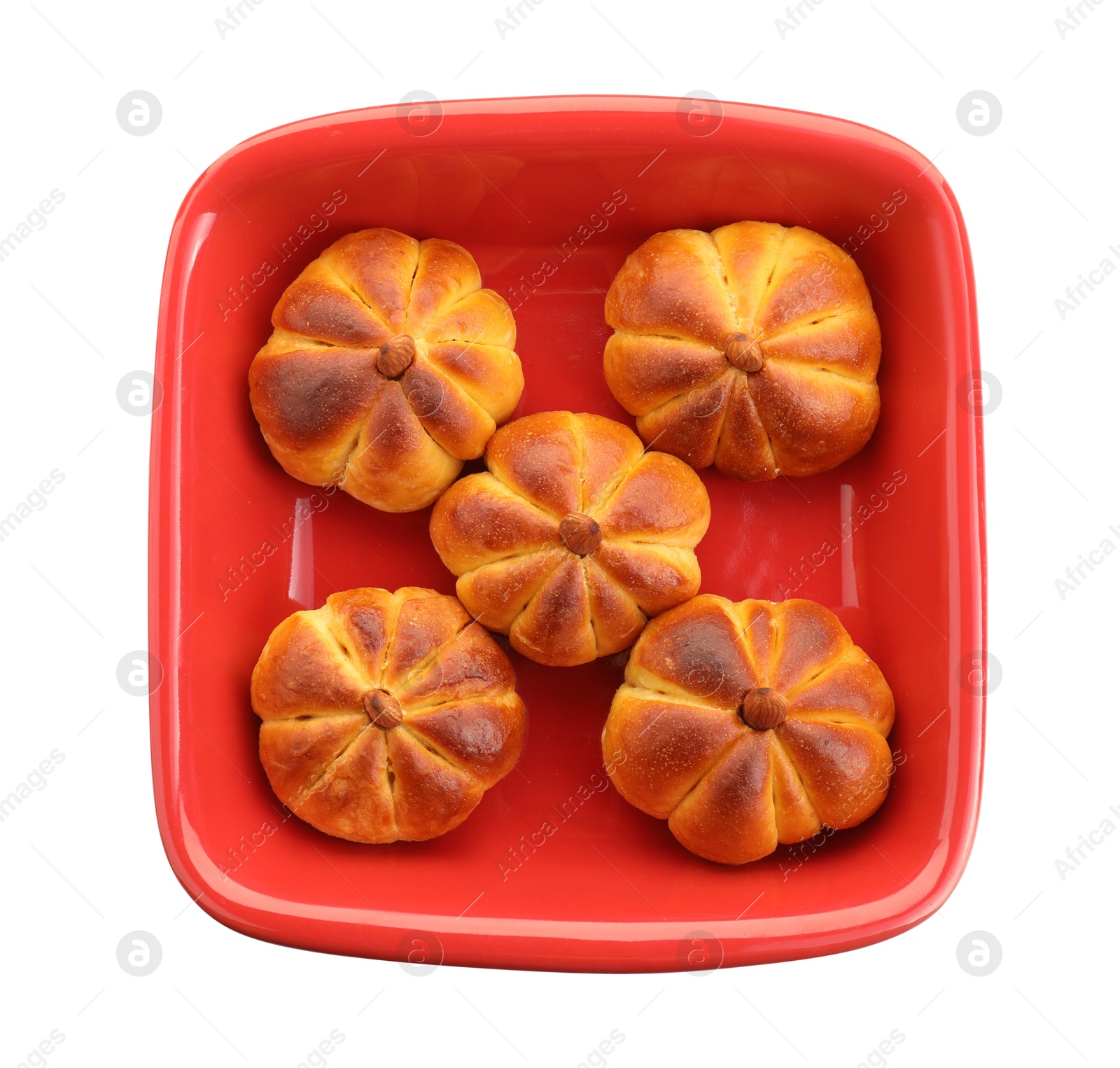 Photo of Baking tray with tasty pumpkin shaped buns isolated on white, top view