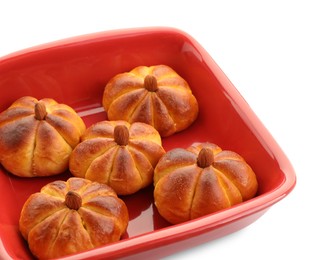 Photo of Baking tray with tasty pumpkin shaped buns isolated on white